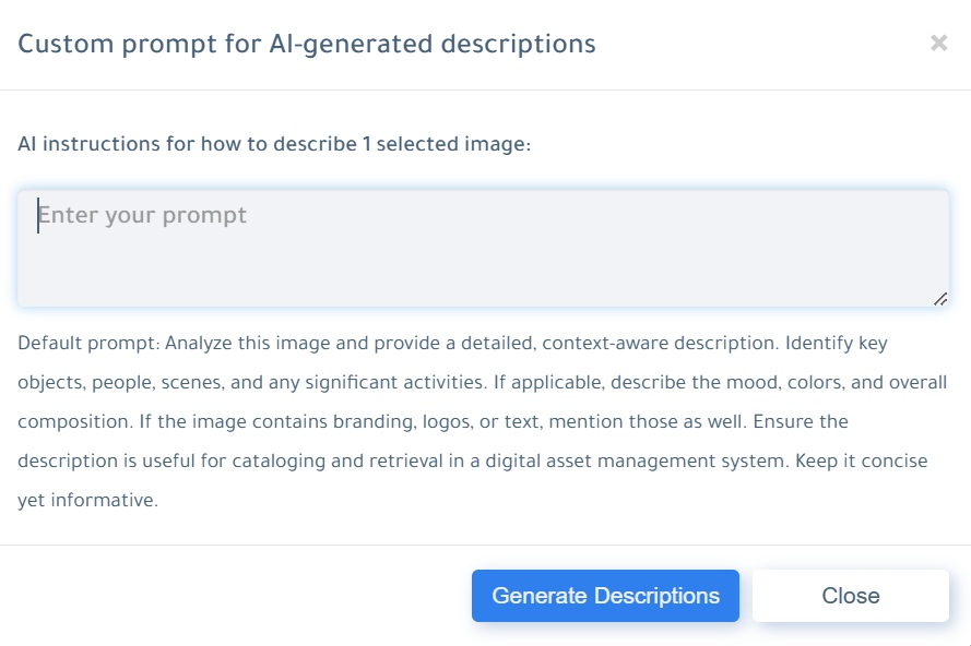 Custom prompt for ai-generated descriptions.